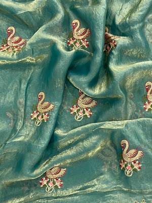 Emerald vColor Thread Embroidery work  Satin Silk Saree 2