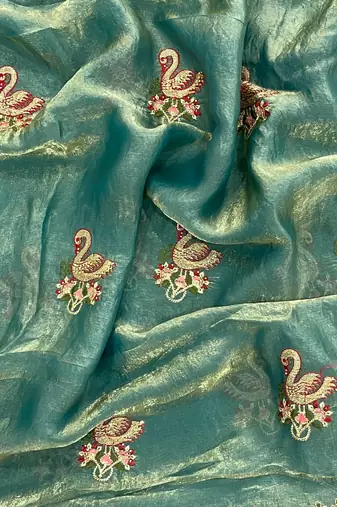 emerald satin silk saree with multicolor thread embroidery work