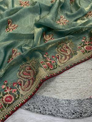 Emerald vColor Thread Embroidery work  Satin Silk Saree 3