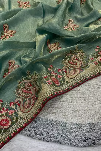 emerald satin silk saree with multicolor thread embroidery work