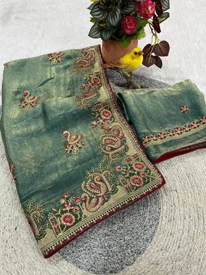 Emerald vColor Thread Embroidery work  Satin Silk Saree 4