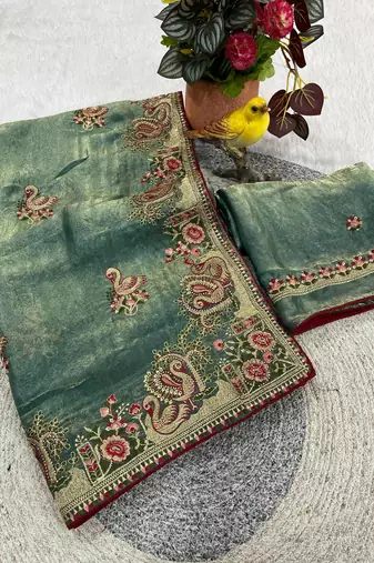 emerald satin silk saree with multicolor thread embroidery work