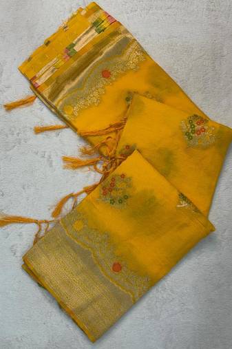 Yellow Color jaqurad weveing Work  Georgette Saree