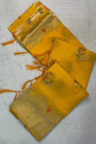 Yellow Color jaqurad weveing Work  Georgette Saree