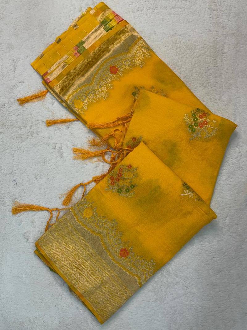Yellow Color jaqurad weveing Work  Georgette Saree