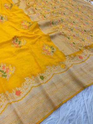Yellow Color jaqurad weveing Work  Georgette Saree 2