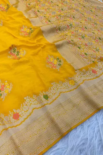 Yellow Color jaqurad weveing Work  Georgette Saree
