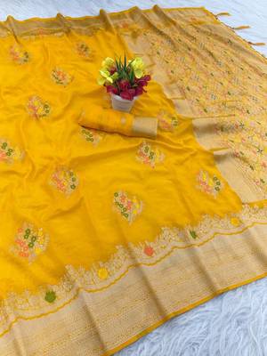 Yellow Color jaqurad weveing Work  Georgette Saree 3