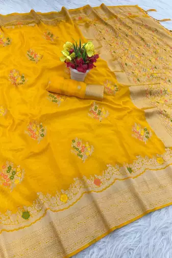 Yellow Color jaqurad weveing Work  Georgette Saree