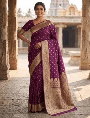 Wine Color Zari Woven Work art silk saree  2
