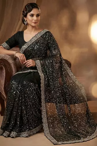 Black Color  Beads Work with Cut work border Net Saree