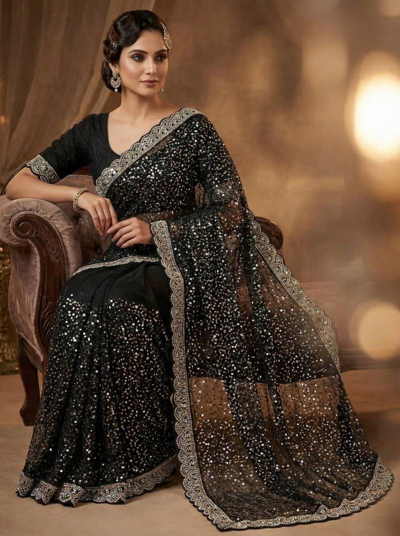 Black Color  Beads Work with Cut work border Net Saree