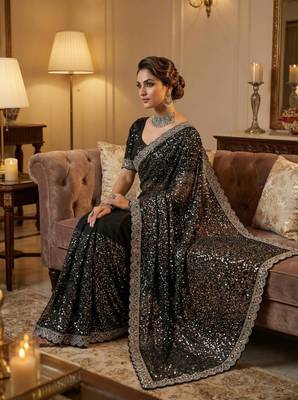 Black Color  Beads Work with Cut work border Net Saree 2