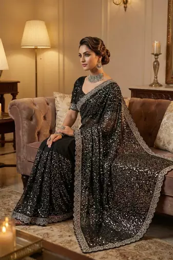 Black Color  Beads Work with Cut work border Net Saree