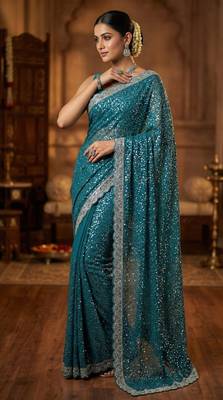 Blue Color  Beads Work with Cut work border Net Saree 1