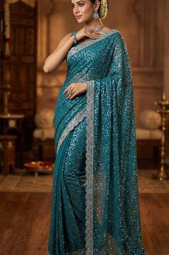 Blue Color  Beads Work with Cut work border Net Saree