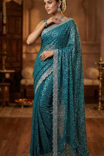 Blue Color  Beads Work with Cut work border Net Saree