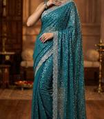 Blue Color  Beads Work with Cut work border Net Saree