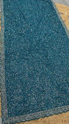 Blue Color  Beads Work with Cut work border Net Saree 2