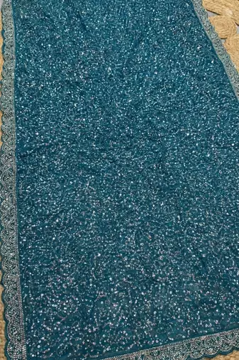 Blue Color  Beads Work with Cut work border Net Saree