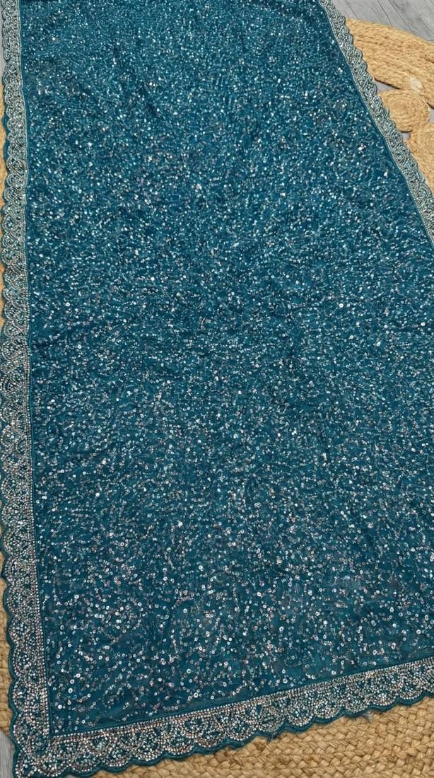 Blue Color  Beads Work with Cut work border Net Saree