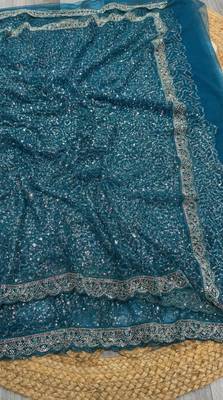 Blue Color  Beads Work with Cut work border Net Saree 3