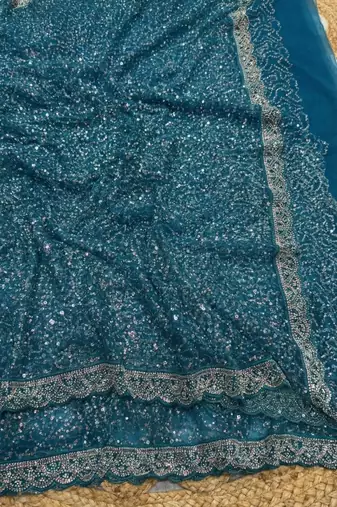 Blue Color  Beads Work with Cut work border Net Saree