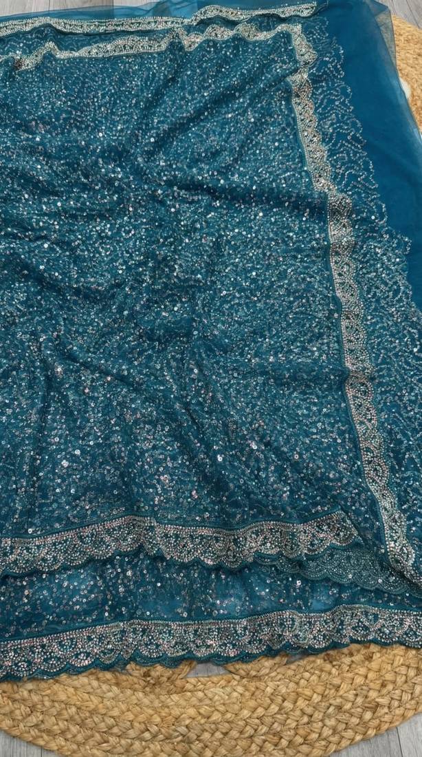Blue Color  Beads Work with Cut work border Net Saree