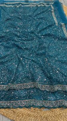 Blue Color  Beads Work with Cut work border Net Saree 4