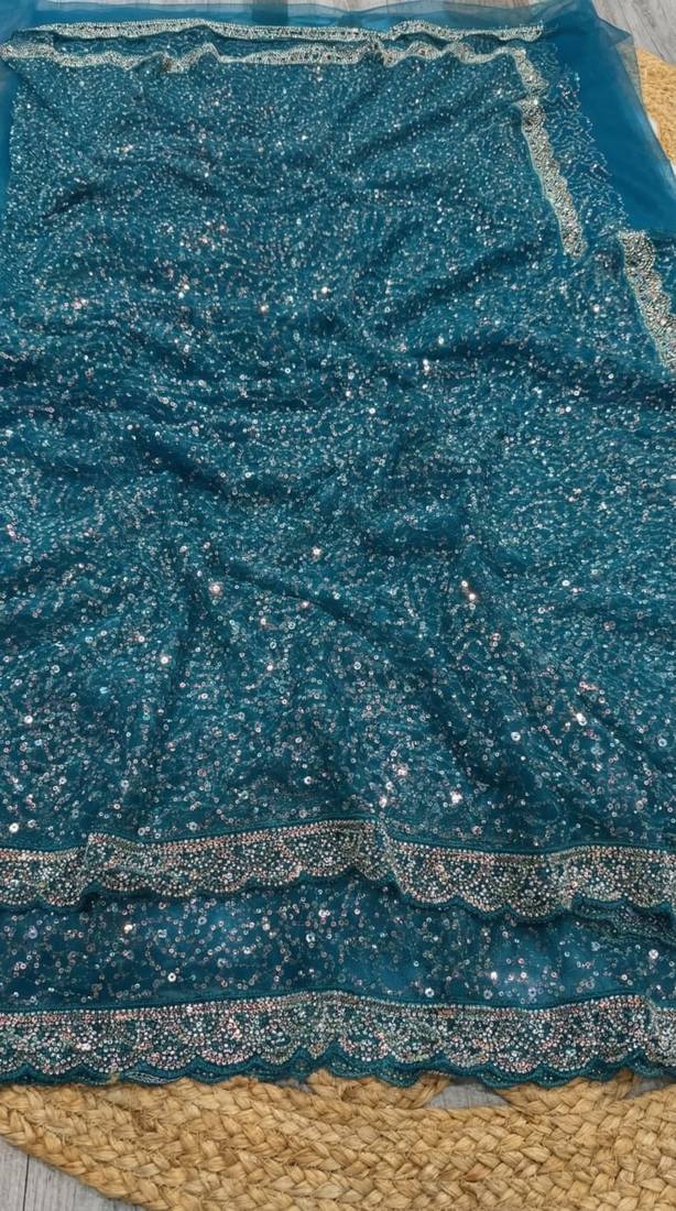 Blue Color  Beads Work with Cut work border Net Saree