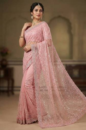 Light Pink Color  Beads Work with Cut work border Net Saree