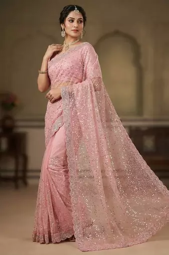 Light Pink Color  Beads Work with Cut work border Net Saree