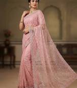 Light Pink Color  Beads Work with Cut work border Net Saree