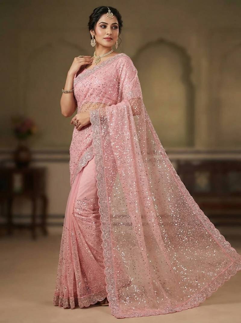 Light Pink Color  Beads Work with Cut work border Net Saree