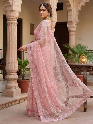 Light Pink Color  Beads Work with Cut work border Net Saree 2