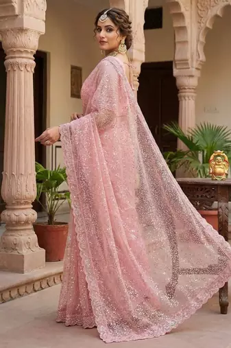 Light Pink Color  Beads Work with Cut work border Net Saree