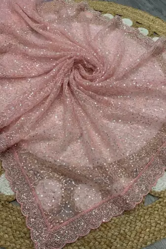 Light Pink Color  Beads Work with Cut work border Net Saree