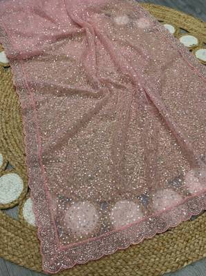 Light Pink Color  Beads Work with Cut work border Net Saree 4