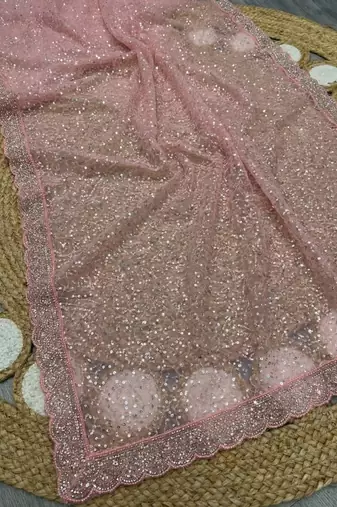 Light Pink Color  Beads Work with Cut work border Net Saree