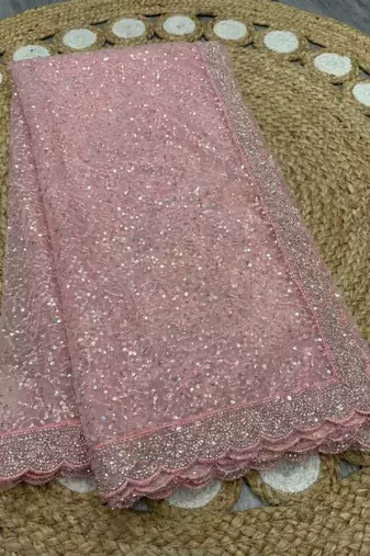 Light Pink Color  Beads Work with Cut work border Net Saree