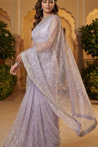 Lavender Color  Beads Work with Cut work border Net Saree