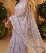 Lavender Color  Beads Work with Cut work border Net Saree