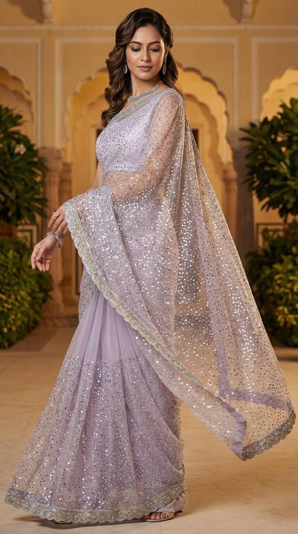 Lavender Color  Beads Work with Cut work border Net Saree