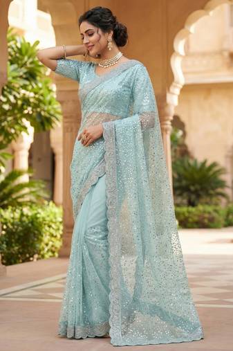 Sky Blue Color  Beads Work with Cut work border Net Saree