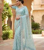Sky Blue Color  Beads Work with Cut work border Net Saree