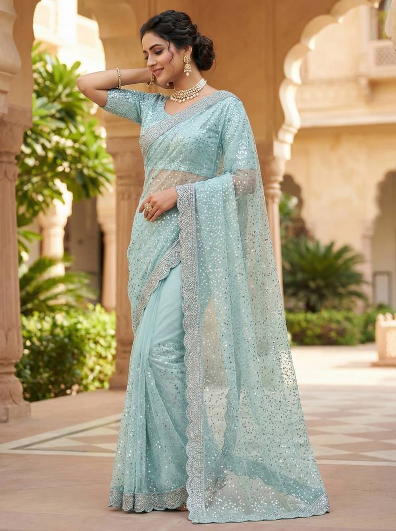 Sky Blue Color  Beads Work with Cut work border Net Saree