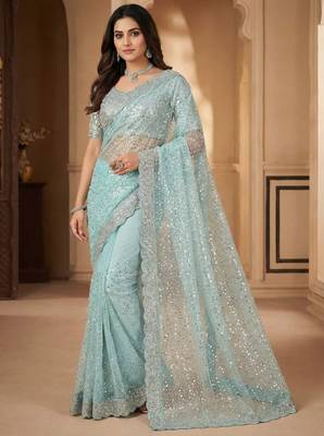 Sky Blue Color  Beads Work with Cut work border Net Saree 2