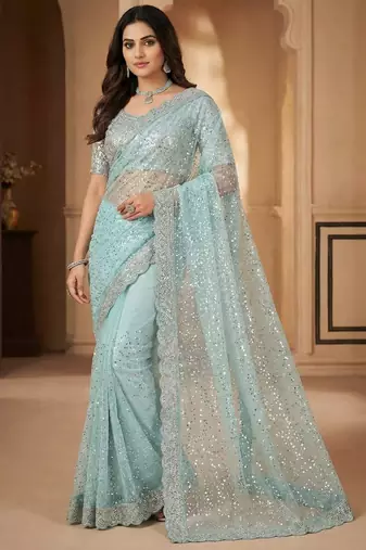 Sky Blue Color  Beads Work with Cut work border Net Saree