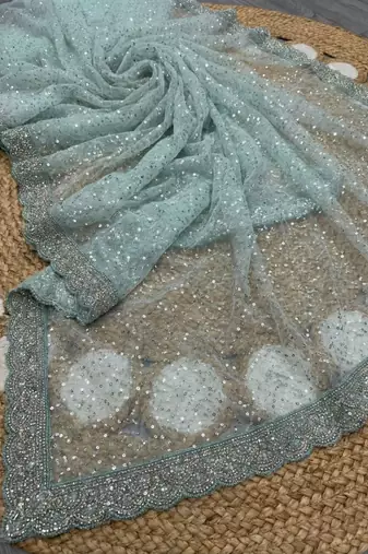 Sky Blue Color  Beads Work with Cut work border Net Saree