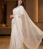 White Color  Beads Work with Cut work border Net Saree